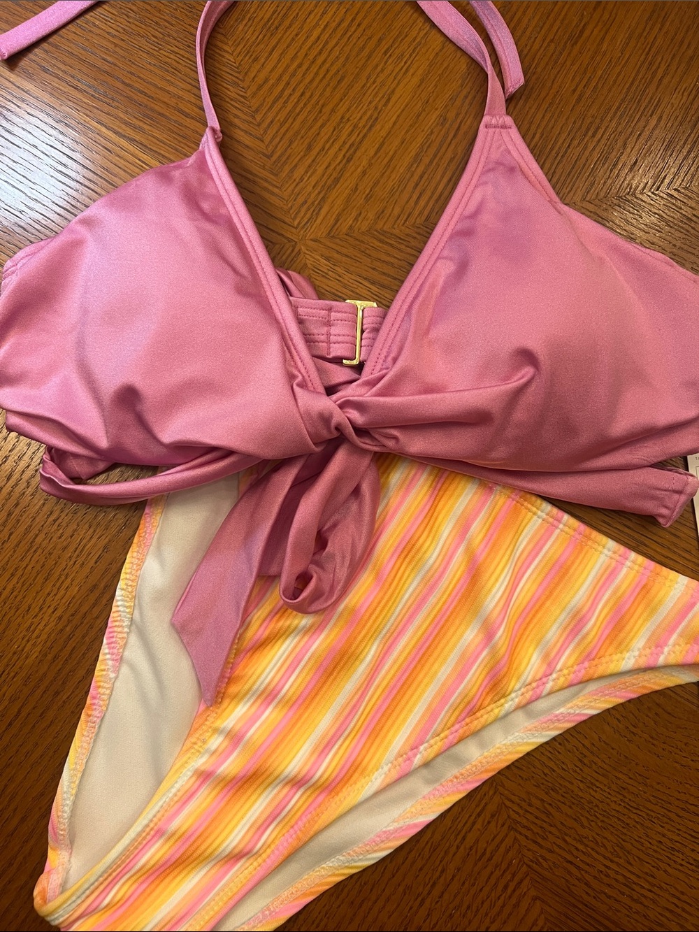 Pink loop-Front Bikini Top back tie with Multi-Stripe Bottom B14